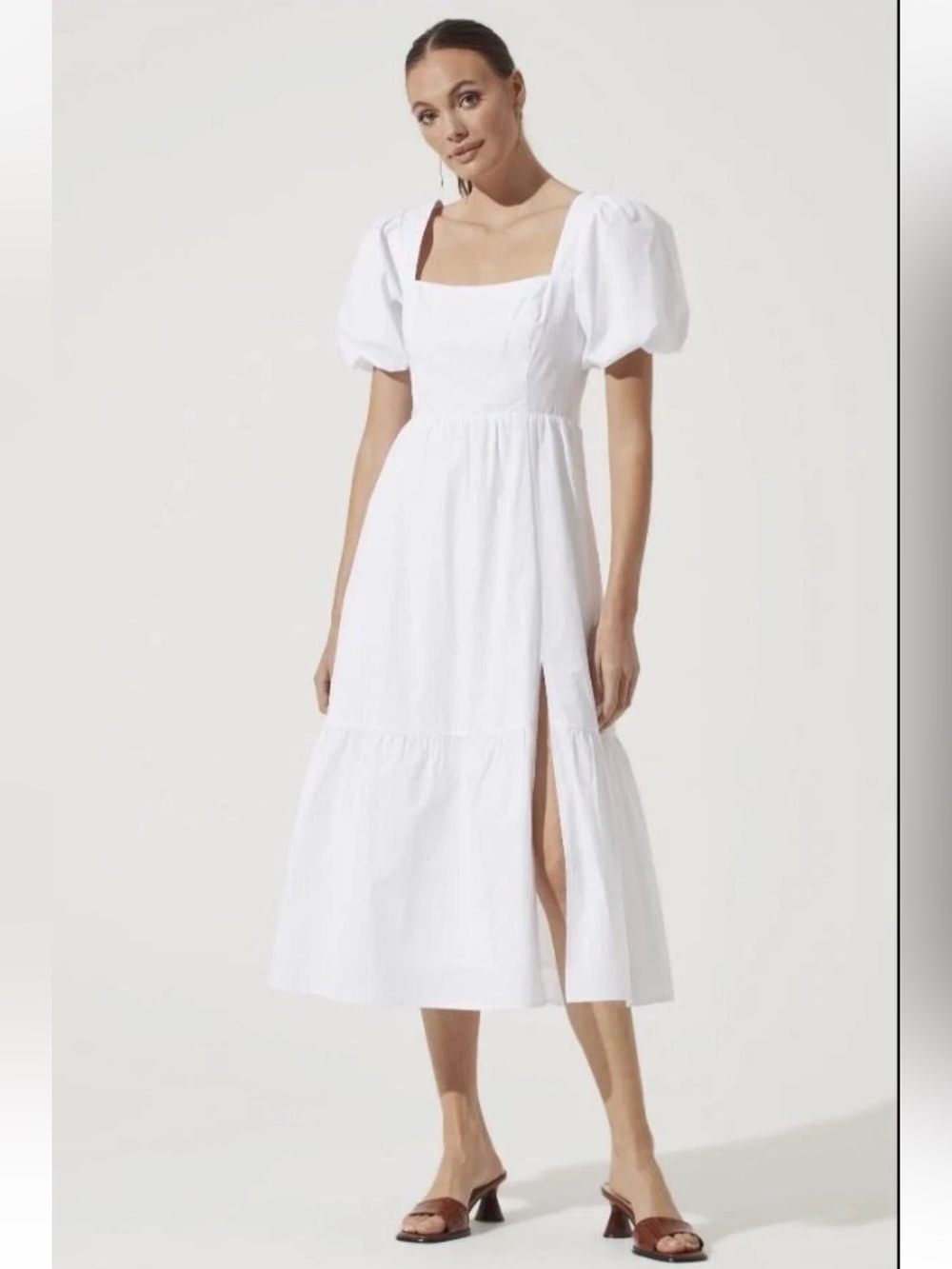 ASTR The Label Women's Poplin Puff Sleeve Tiered White Midi Maxi Dress XL